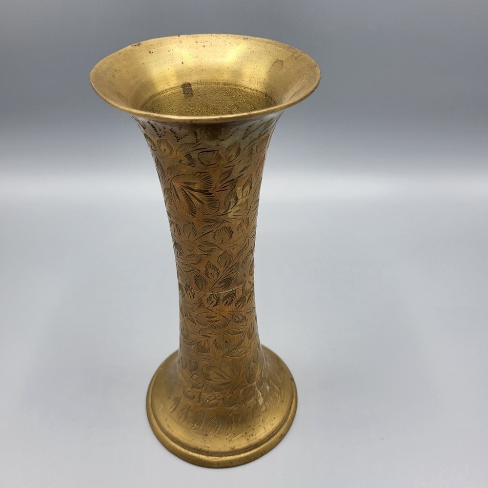 Vintage Brass Vase With Etched Floral Design Home Decor 7" India